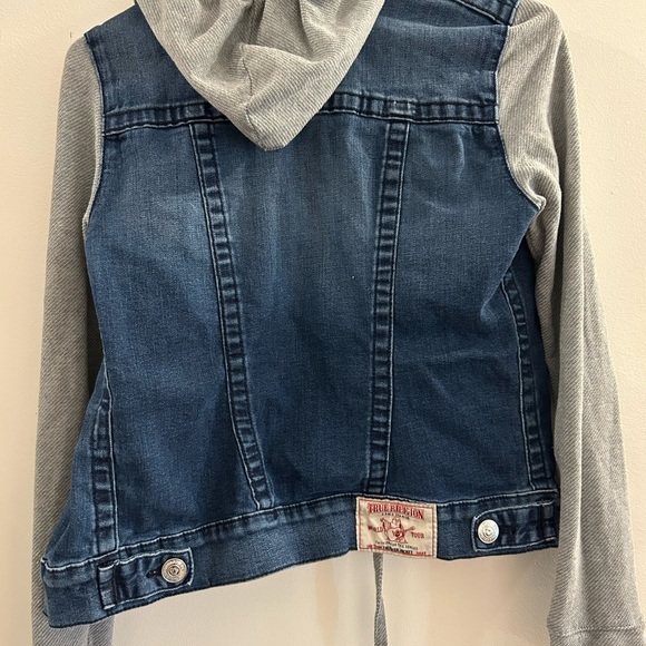 True Religion‎ Section Trucker Jean Denim Jacket Gray Sleeves Hood Women’s XS - Picture 4 of 6